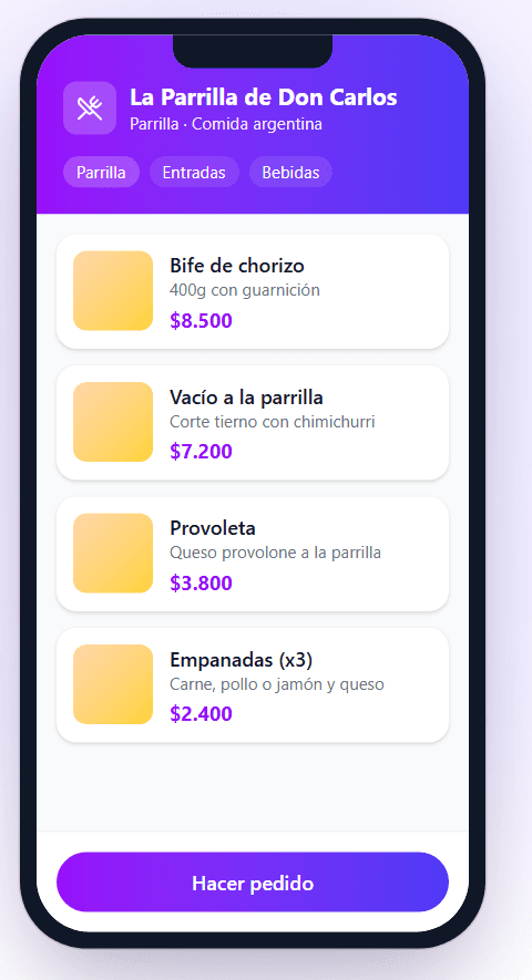 Menu digital visto en un celular: platos con descripcion y precio y boton para hacer el pedido.