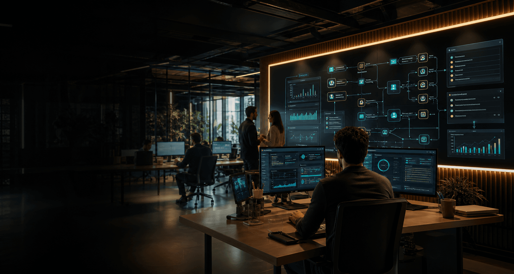 Equipo de trabajo usando un sistema en pantalla